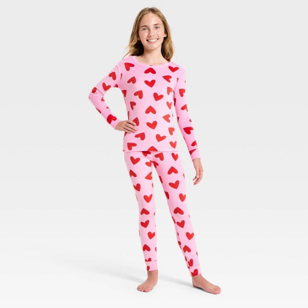 Cat and Jack Girls Sz 10 Pink Velour 2 piece Heart Pajama Set Valentines